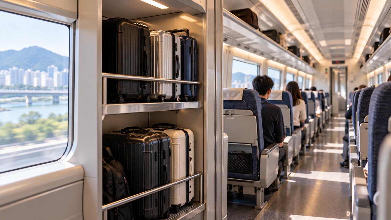 Suitcases stored in a luggage area inside a Korean high-speed train.