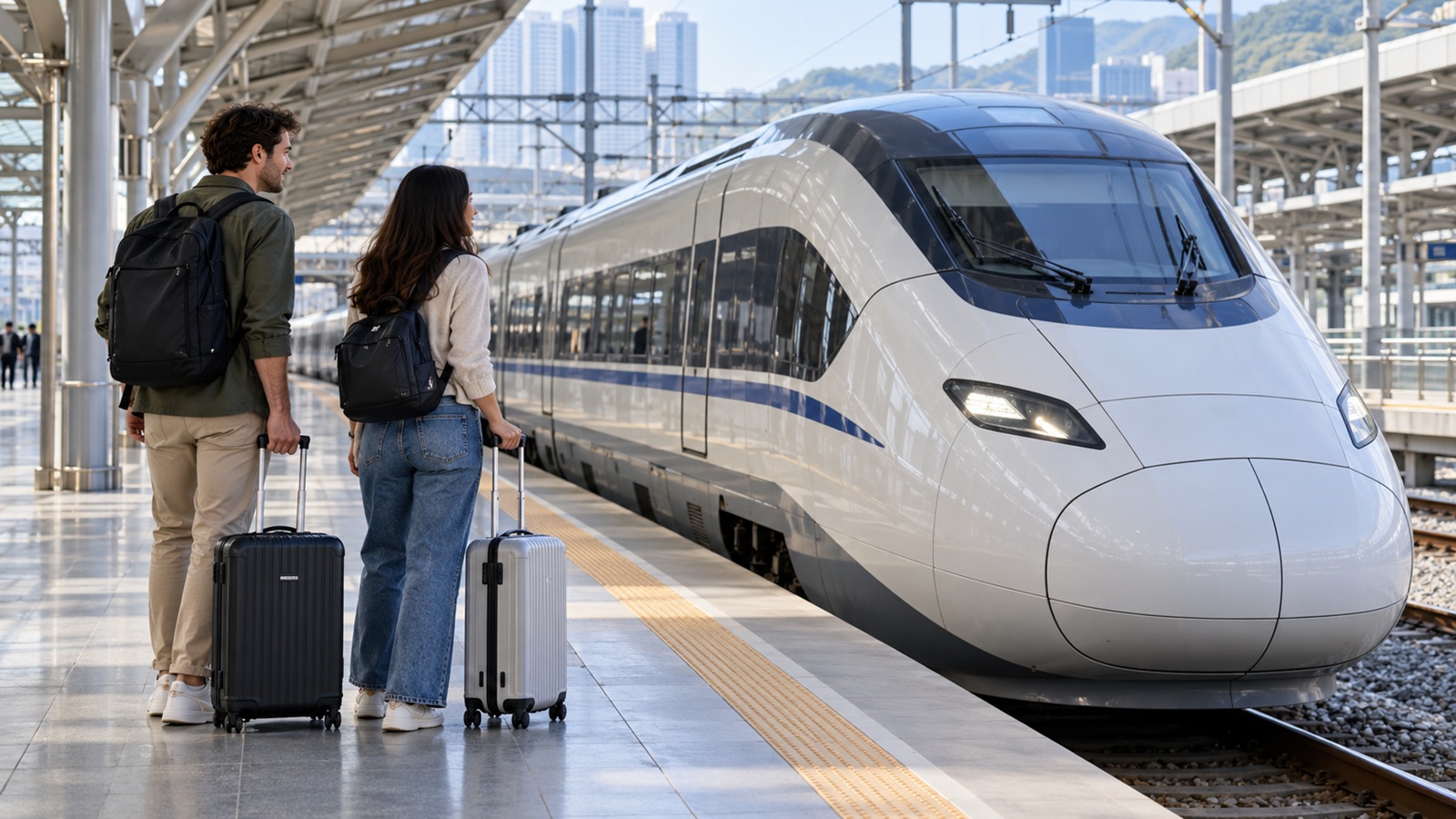 High-speed train at a Korean railway station with travelers preparing to board.