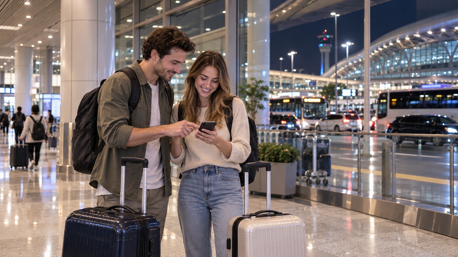 Travelers checking transportation options after a late-night arrival at Incheon Airport
