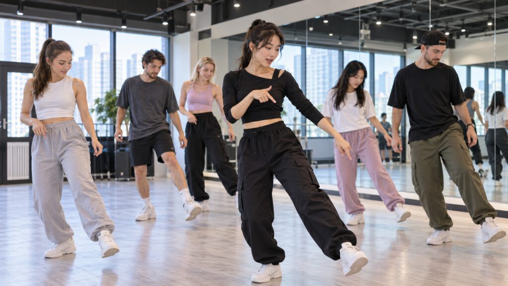 Dance instructor teaching K-pop-inspired choreography step by step in Seoul