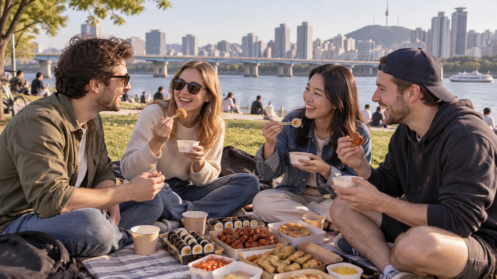 Travelers enjoying Korean market food during a picnic beside the Hangang River in Seoul