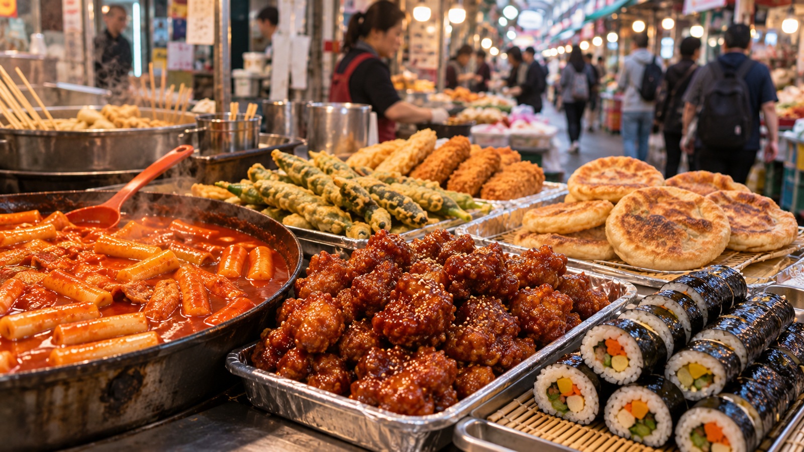 Korean street foods including dakgangjeong, tteokbokki and gimbap at a Seoul market