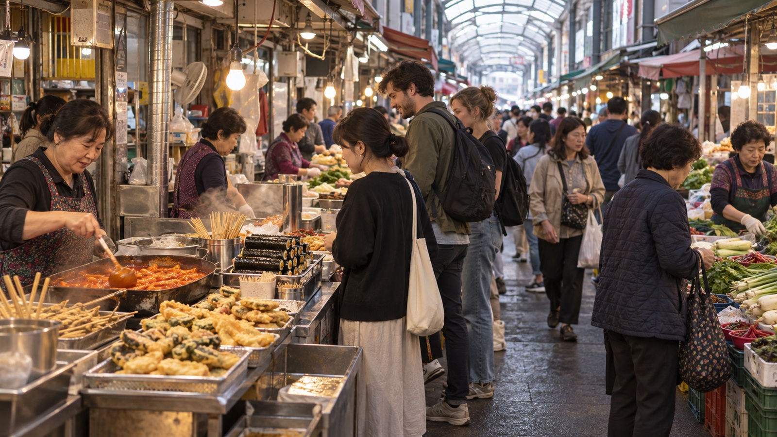 Travelers exploring a traditional food market inspired by Mangwon Market in Seoul
