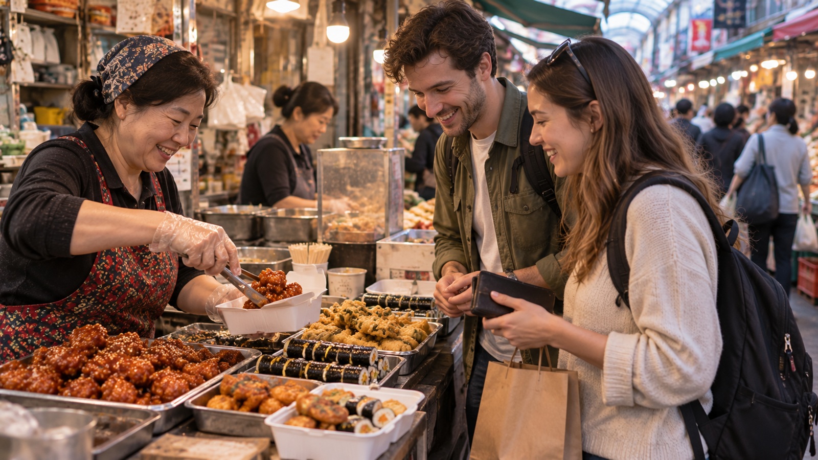 Travelers buying Korean takeaway food at a neighborhood market in Seoul