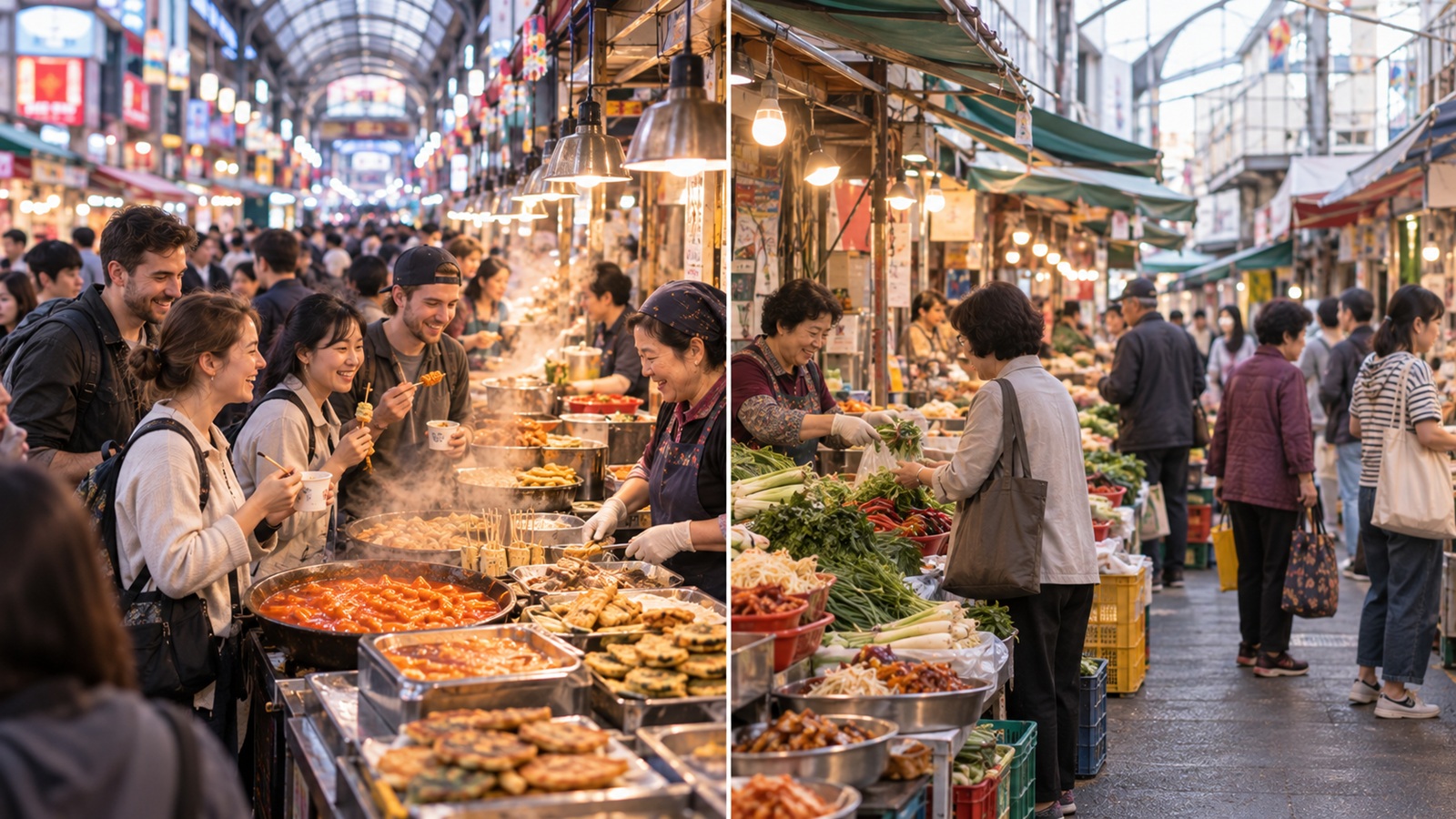 Comparison of a busy tourist market and a local neighborhood market in Seoul