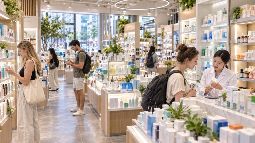 Modern K-pharmacy offering beauty and skincare products in Seoul in 2026