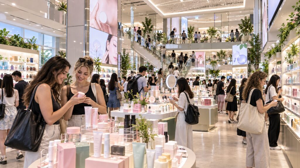 International travelers browsing a large K-beauty store in Myeong-dong
