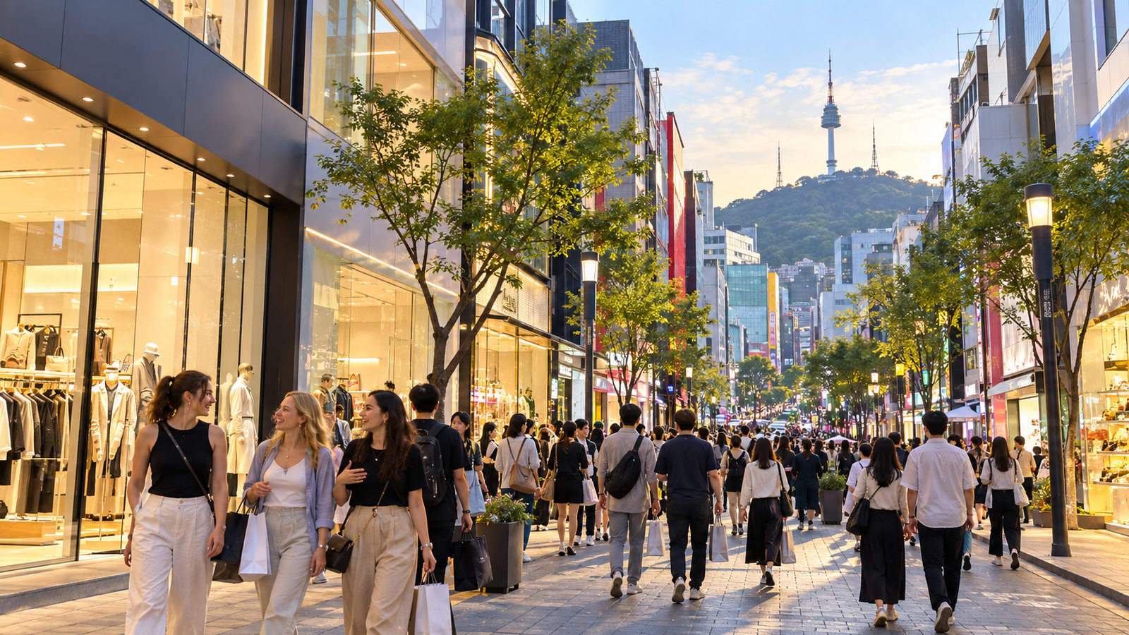 Pedestrians walking through a lively shopping street in Myeongdong