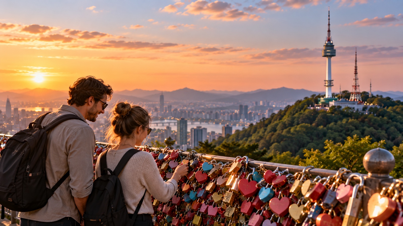 Colorful love locks on designated railings near N Seoul Tower in Seoul.