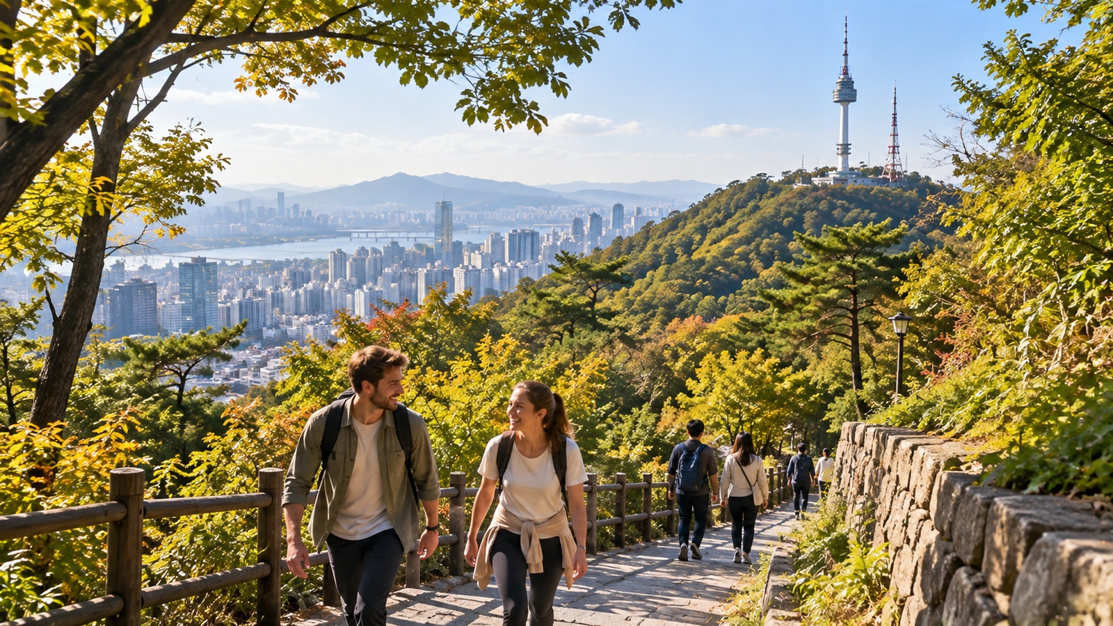 Travelers walking along a wooded pedestrian trail in Namsan Park in Seoul.