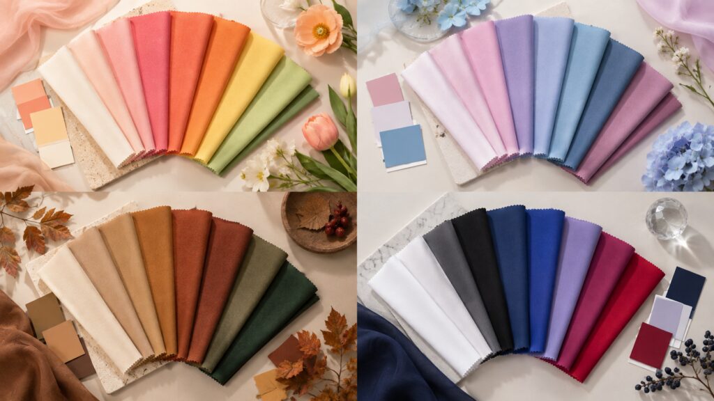 Four groups of color swatches representing spring, summer, autumn and winter personal color palettes