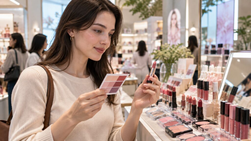 Traveler using a personal color palette while shopping for makeup in Seoul