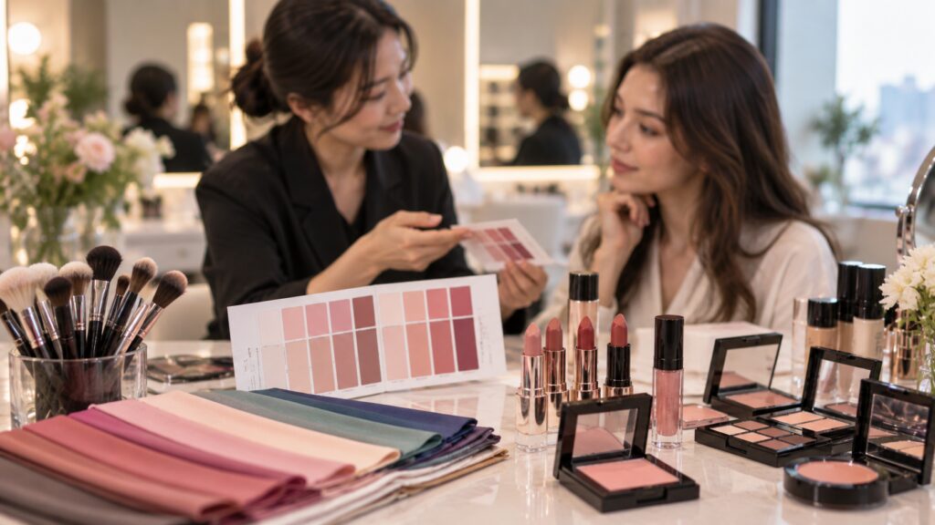 Personal color palette being used to choose makeup shades during a Seoul beauty consultation