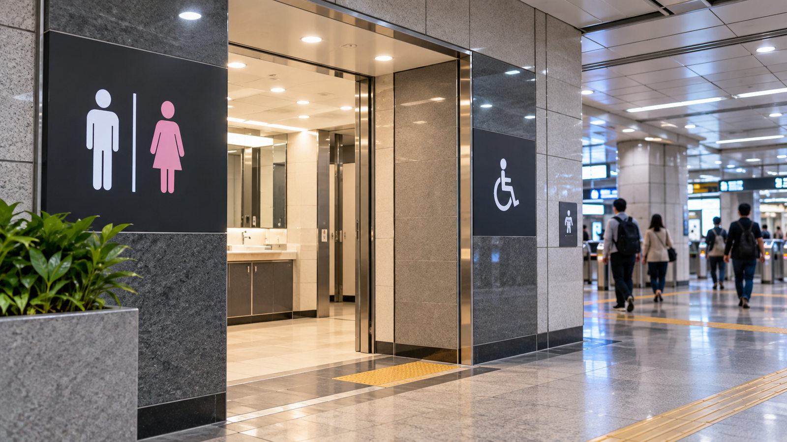 Clean public restroom entrance inside a modern transport facility in South Korea.