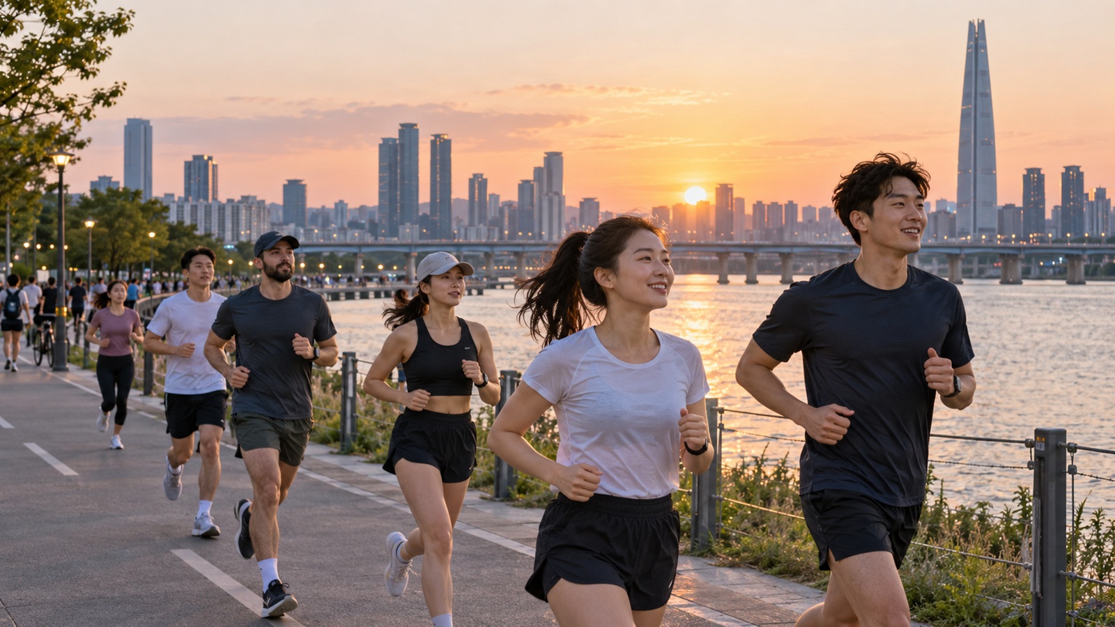 Runners jogging along the Han River in Seoul at early evening