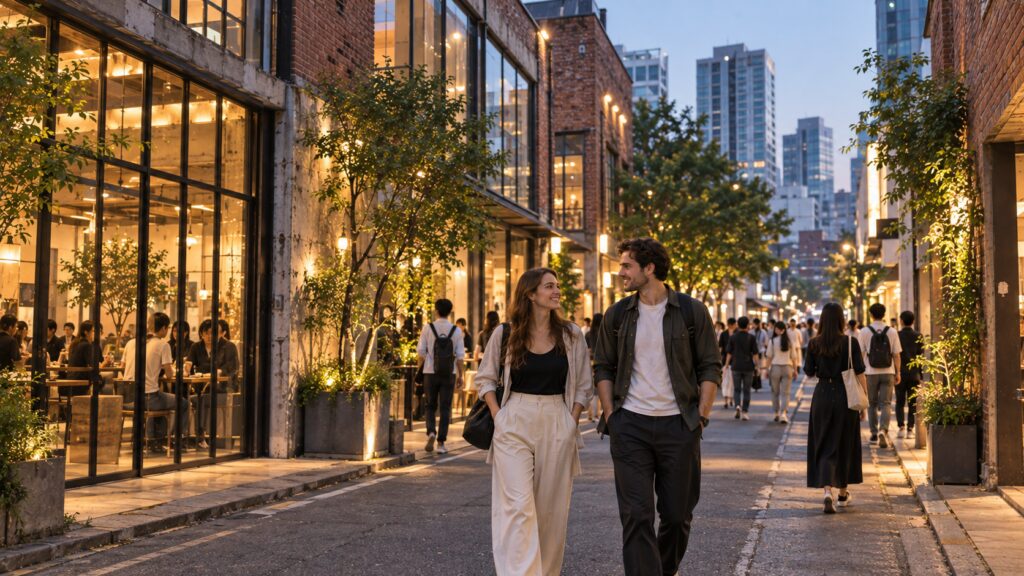 Travelers walking through the cafes and converted industrial streets of Seongsu in early evening