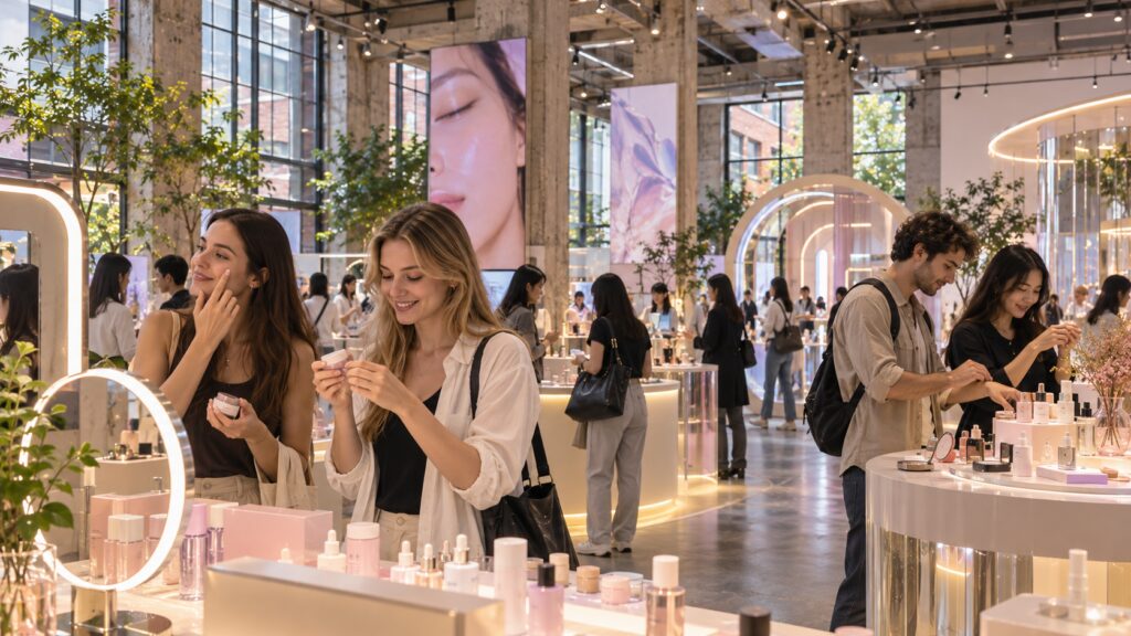 Travelers testing Korean beauty products at an interactive beauty space in Seongsu