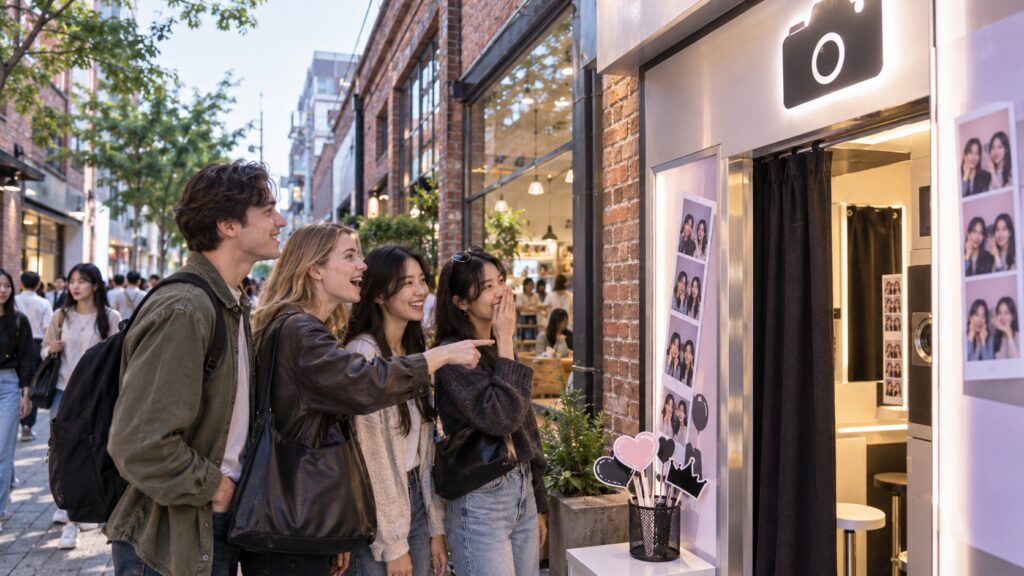 Travelers discovering a self-photo booth while exploring Seongsu-dong in Seoul
