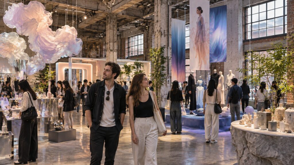 Visitors exploring a creative pop-up space inside a renovated building in Seongsu