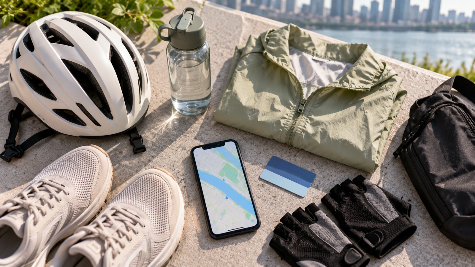 A bicycle helmet, water bottle, smartphone and comfortable shoes prepared for cycling in Seoul