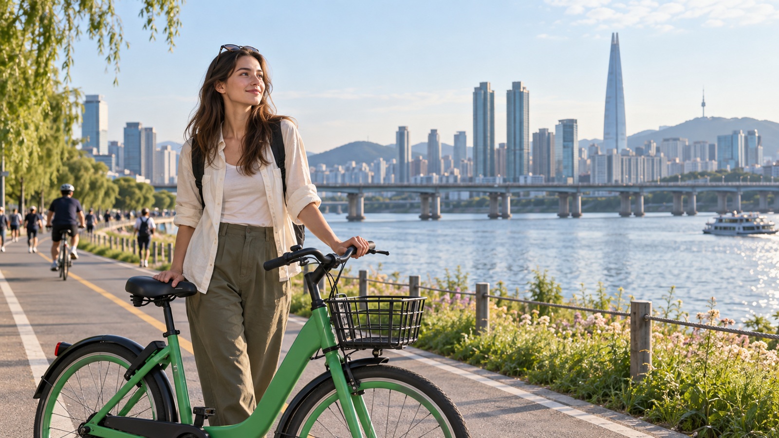 A traveler with a green public rental bicycle beside the Han River in Seoul