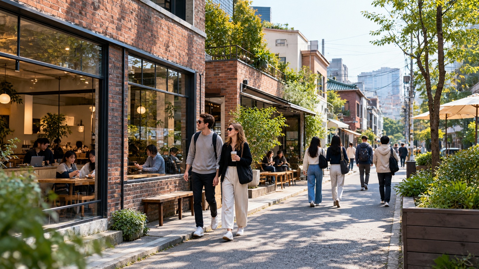 Visitors walking through a Seoul neighborhood with independent cafes and renovated buildings