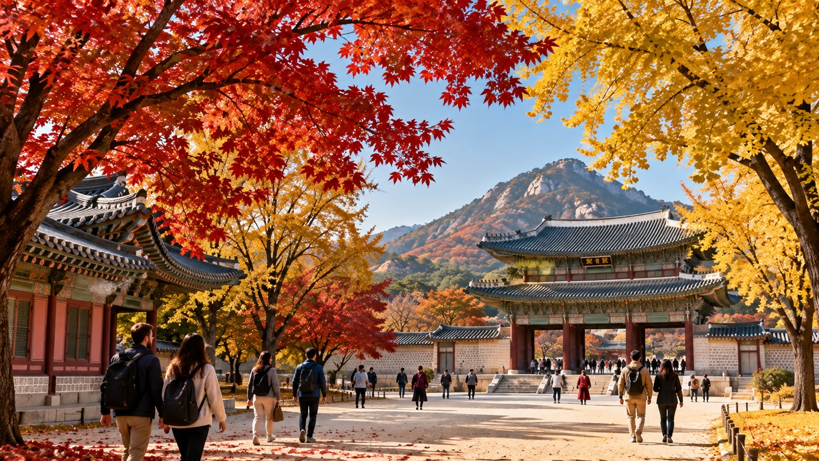 Autumn foliage around a traditional palace in Seoul