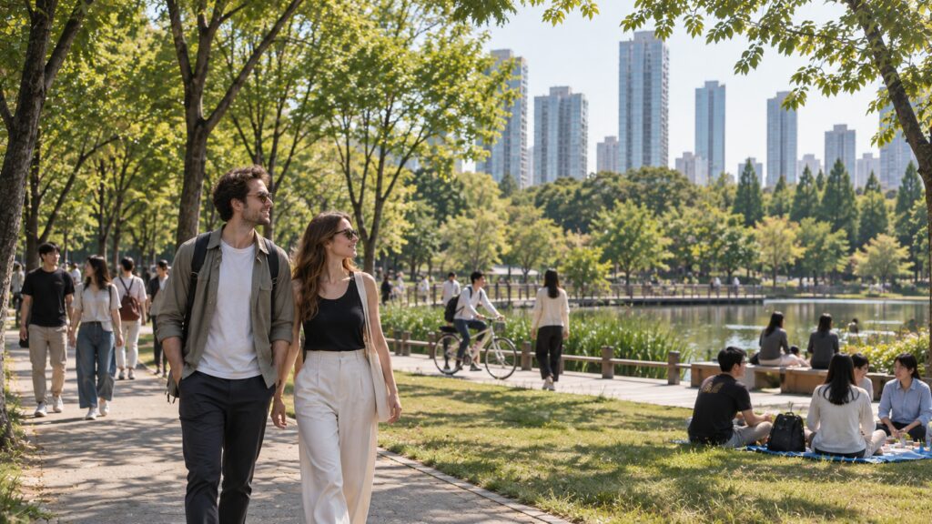 Visitors walking through the green paths of Seoul Forest near Seongsu