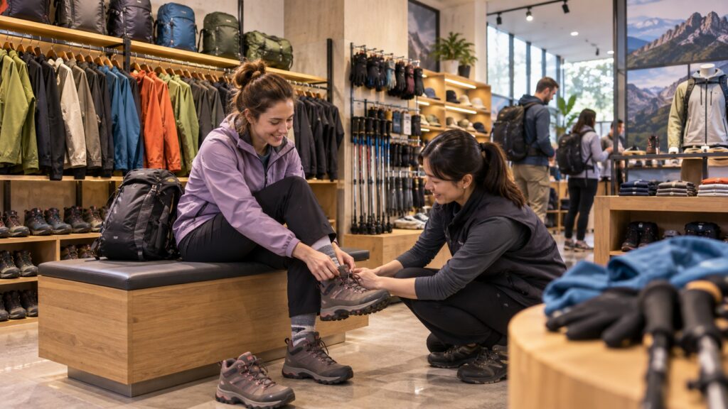 International traveler renting hiking equipment at a Seoul hiking center