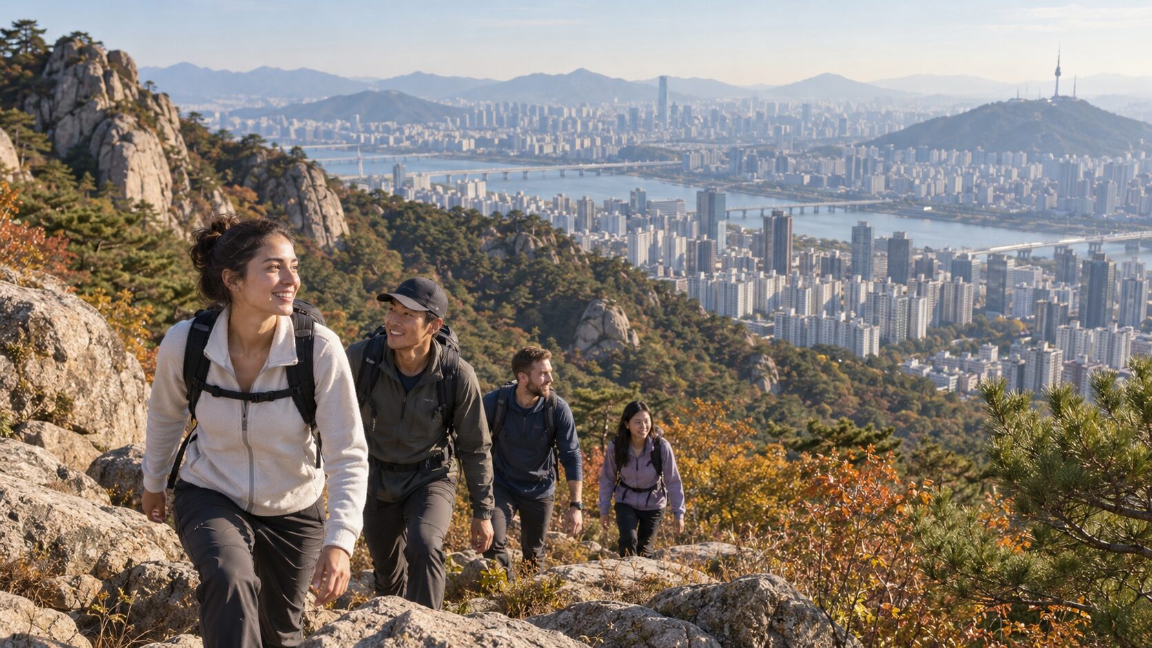 International travelers hiking on a mountain trail overlooking Seoul
