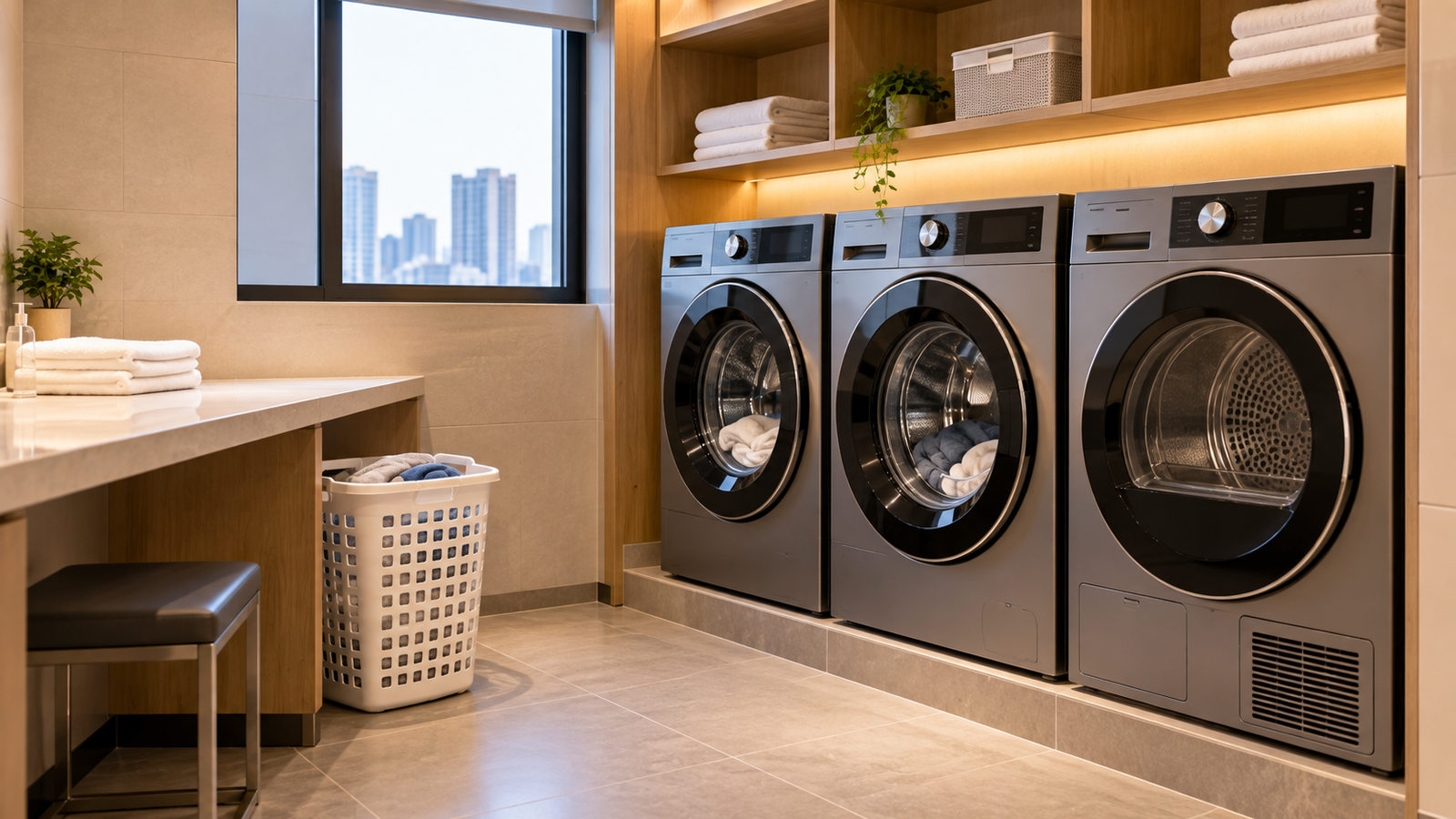 Washing machines and a dryer in a clean hotel guest laundry room in Seoul