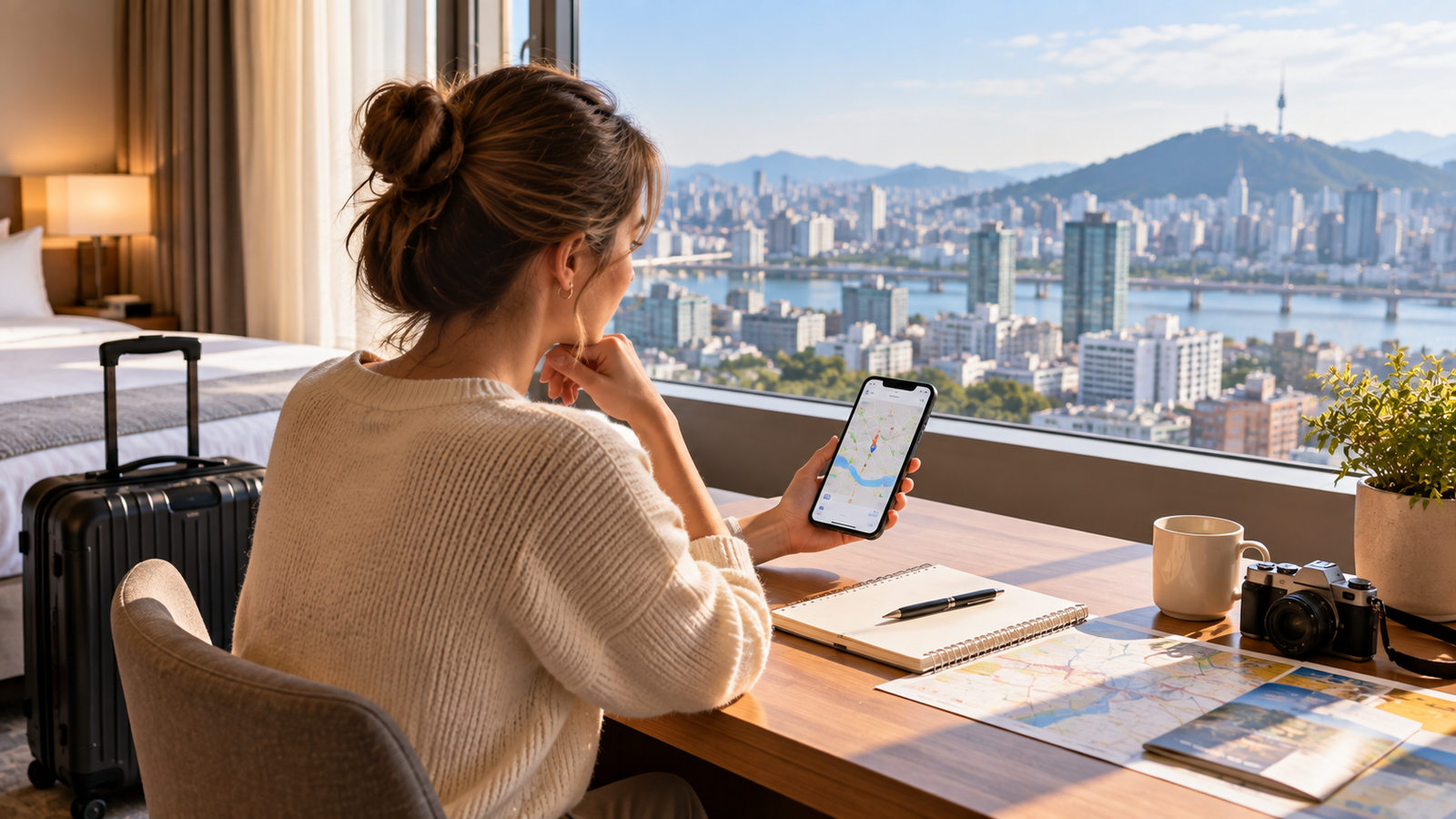 Traveler checking a Seoul hotel location on a smartphone beside a suitcase