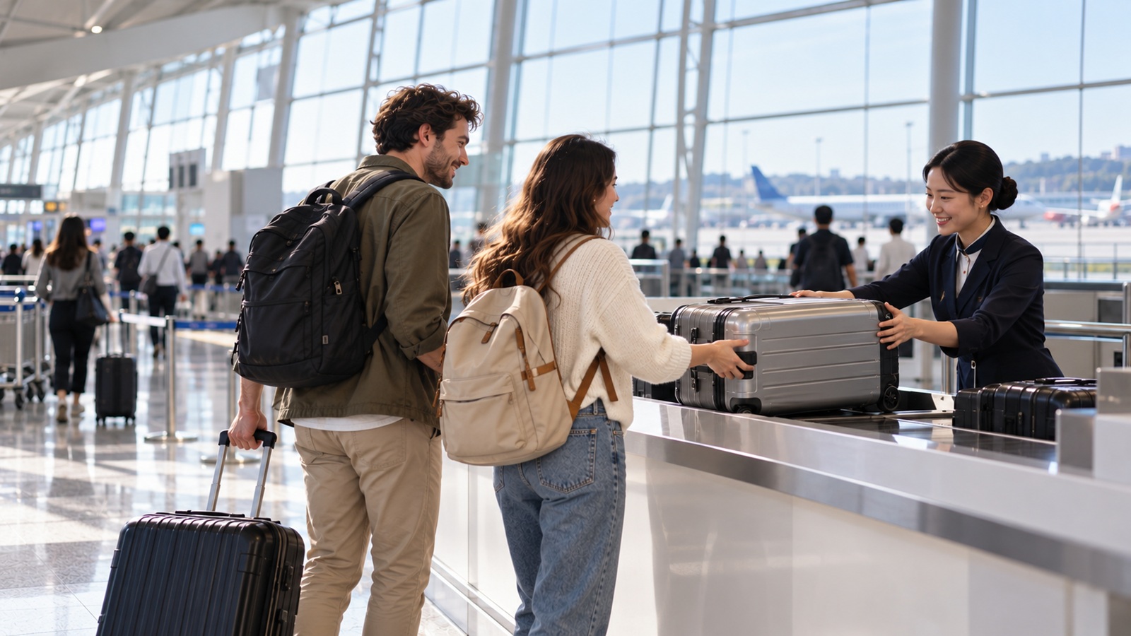 International travelers handing over suitcases at an airport luggage delivery counter.