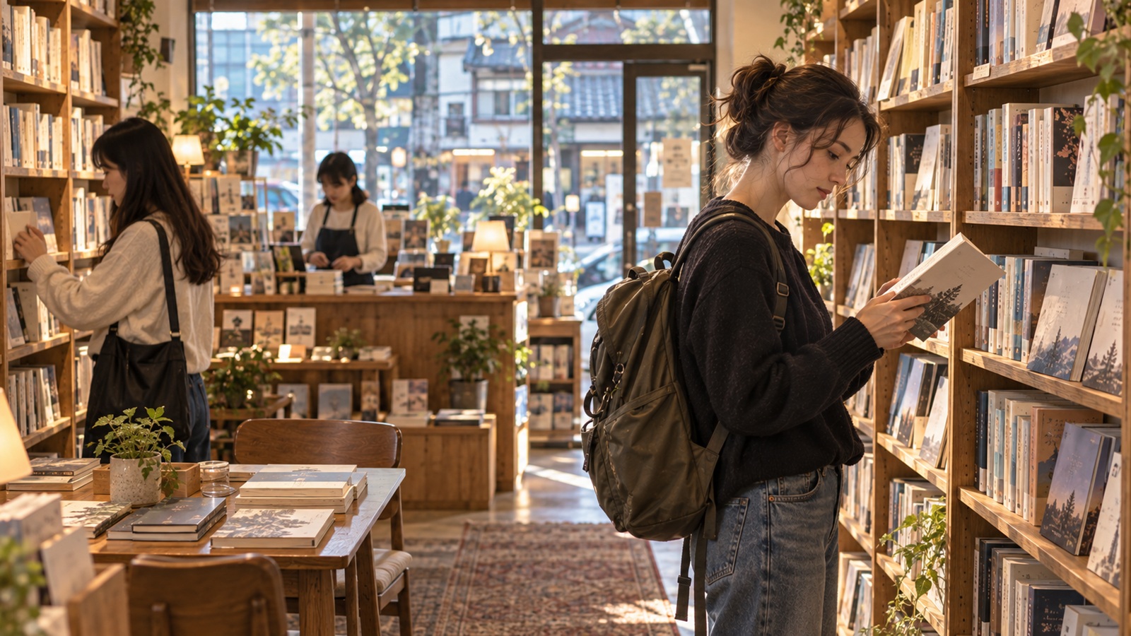 International traveler browsing books in a small independent bookstore in Seoul