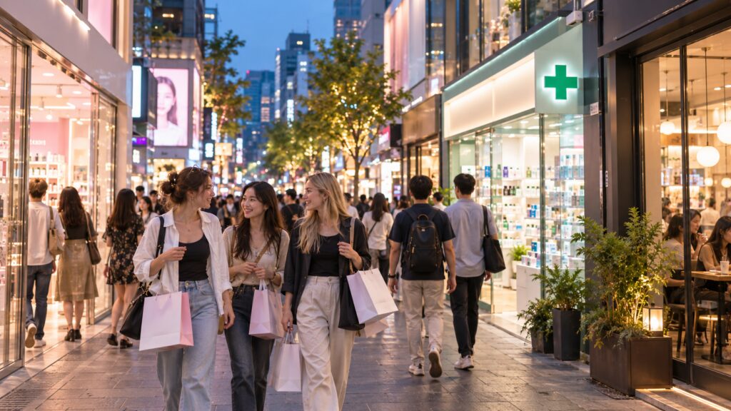 Travelers exploring K-beauty and pharmacy shopping in Seoul