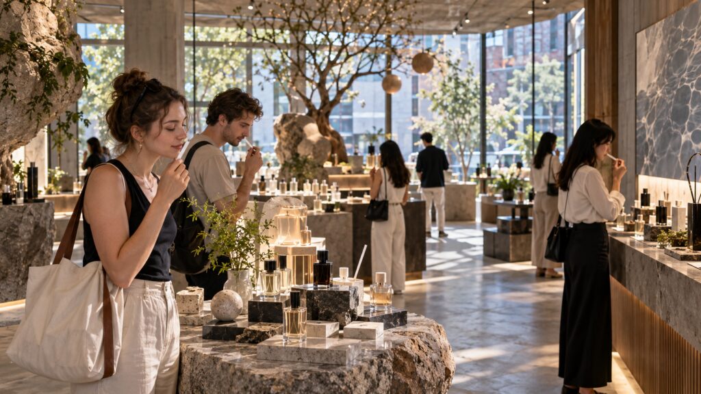 International visitors exploring a fragrance concept store in Seoul