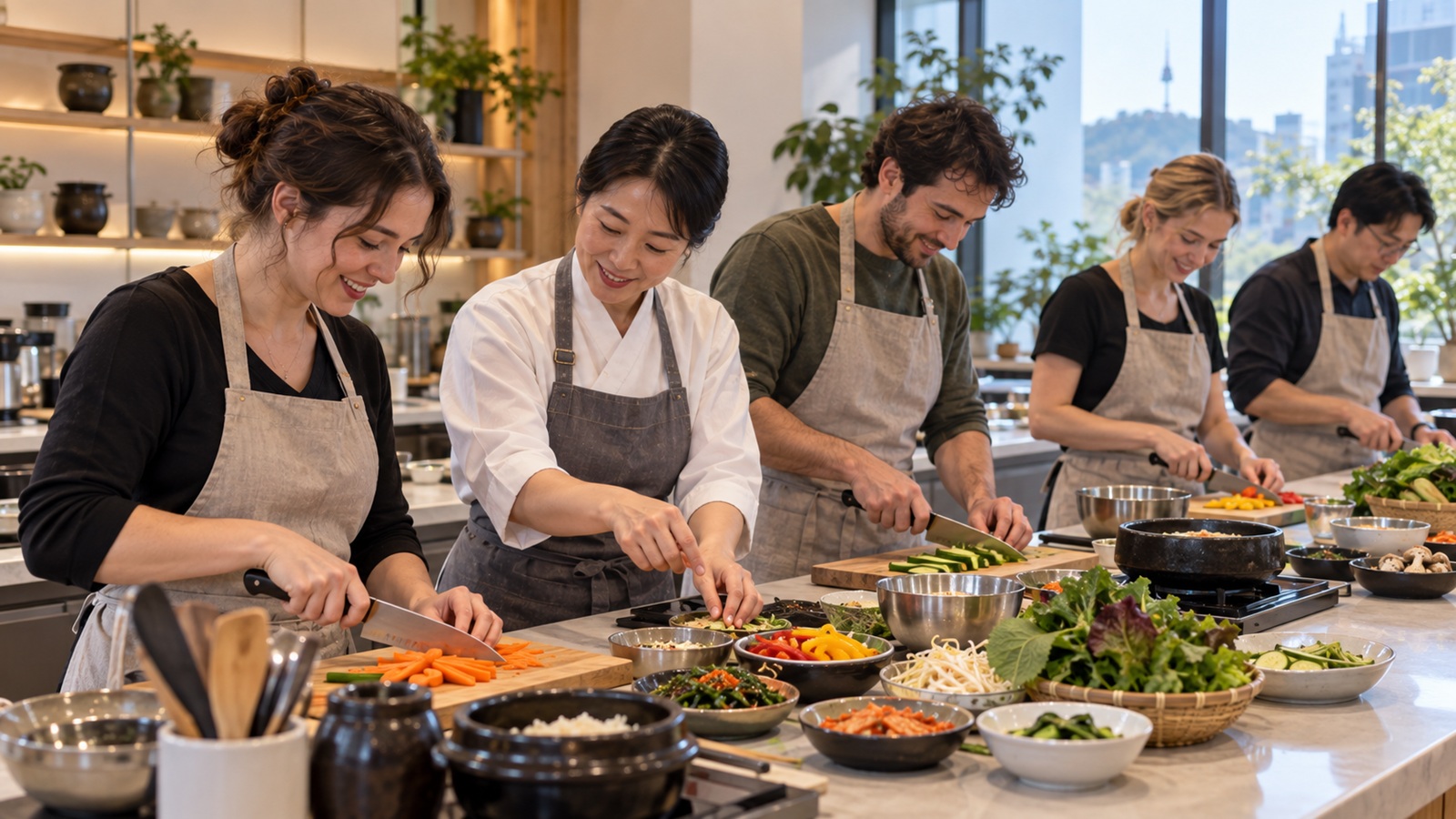 Travelers preparing Korean dishes during a cooking in Seoul