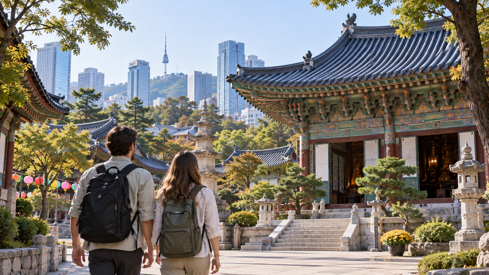 International travelers visiting a traditional Buddhist temple within modern Seoul