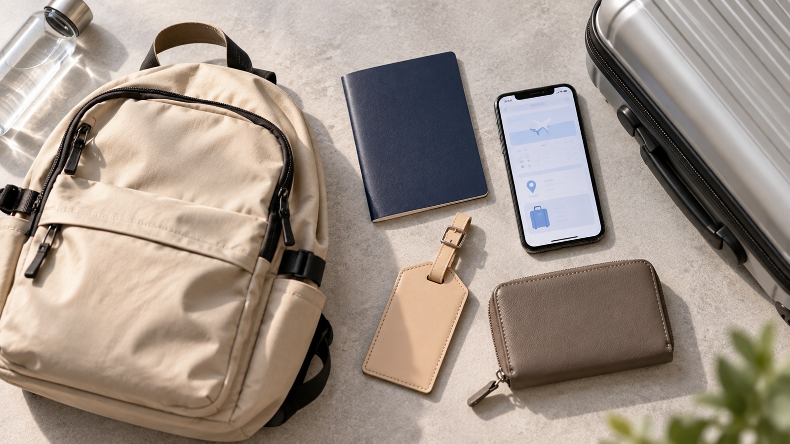 Travel essentials including a day bag, passport and smartphone prepared for luggage storage in Seoul.