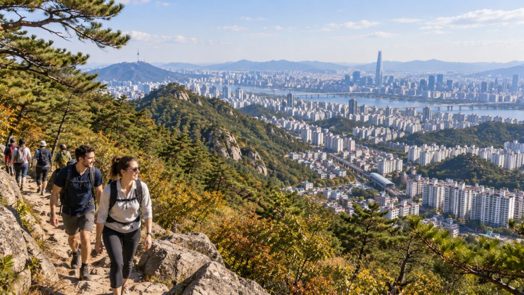 Mountain trail overlooking dense neighborhoods and the Seoul skyline