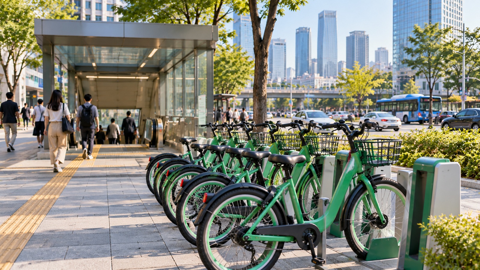 Green public rental bicycles parked at a bicycle station near a Seoul subway entrance
