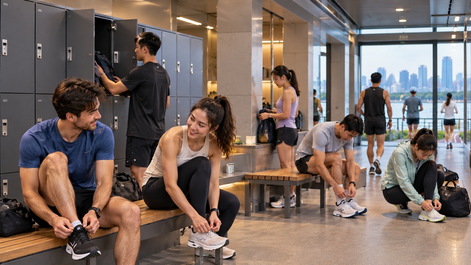 Runners preparing inside a subway-connected runner facility in Seoul