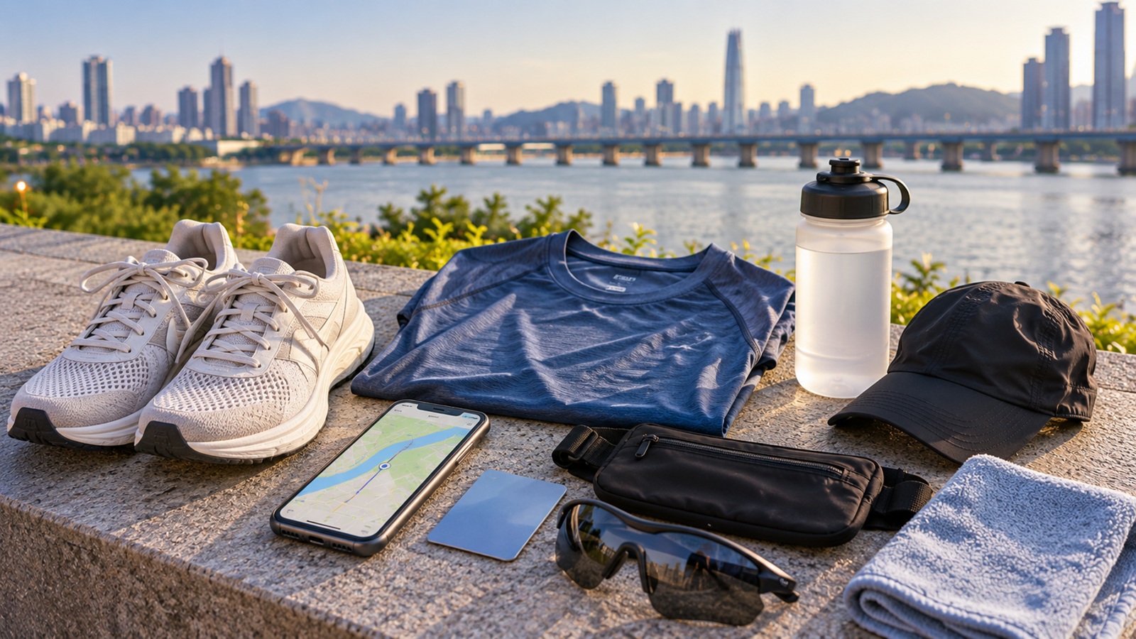 Running shoes and practical items for a run while traveling in Seoul