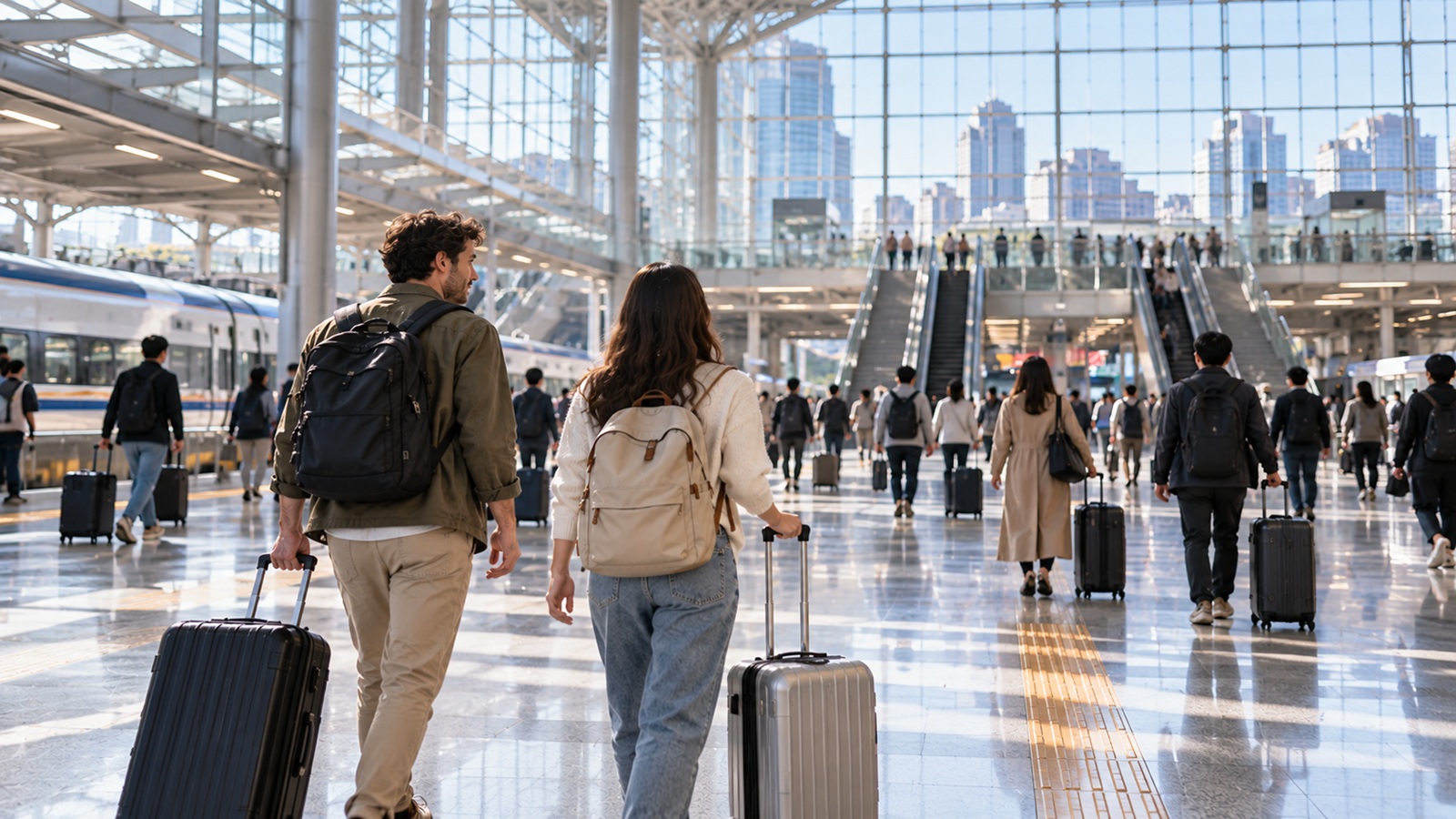 Travelers carrying suitcases through a modern railway concourse inspired by Seoul Station.