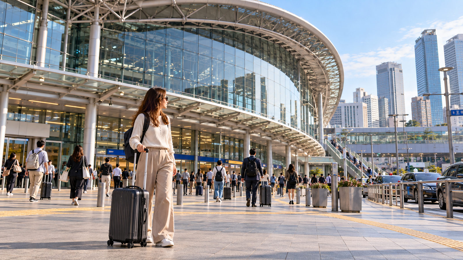 Traveler with a suitcase outside a modern Seoul railway station