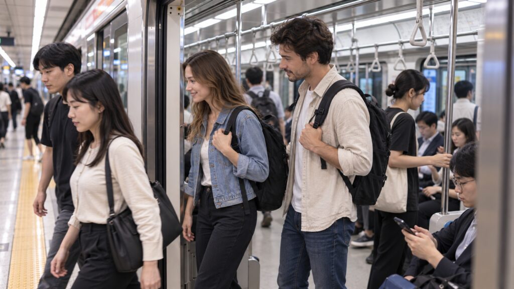Korean commuters and international travelers using the Seoul subway respectfully