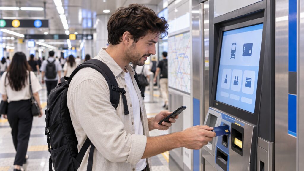 International traveler using a card at a Seoul subway ticket machine