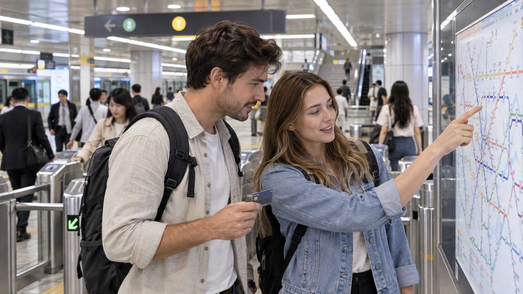 International travelers navigating a modern Seoul subway station