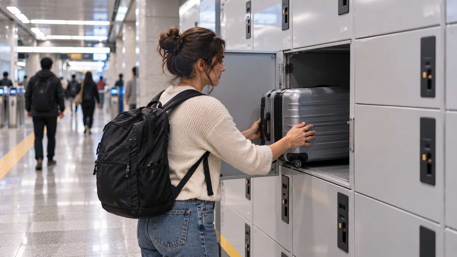 Traveler placing a suitcase inside a self-service luggage locker at a Seoul subway station.
