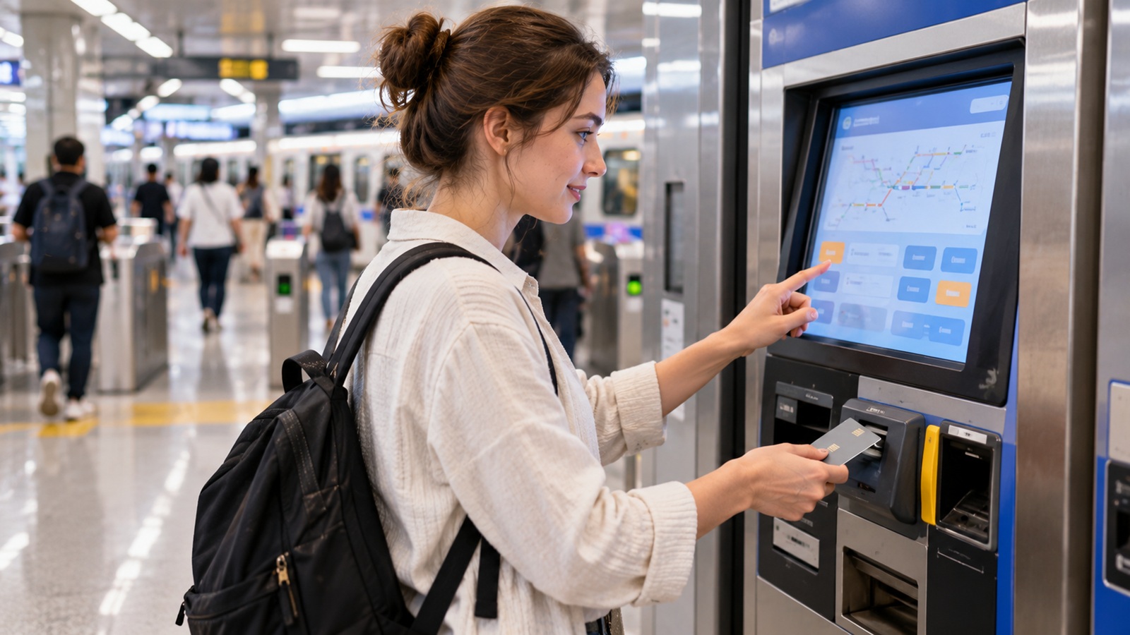 Traveler purchasing a subway ticket at a payment machine in a Seoul metro station